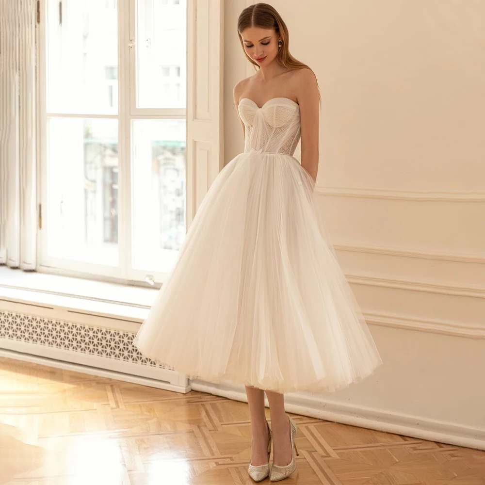 Short Wedding Dress for Bride A Line Sweetheart Sleeveless Princess  Gown Midi White Tulle Backless Simple Bridal 