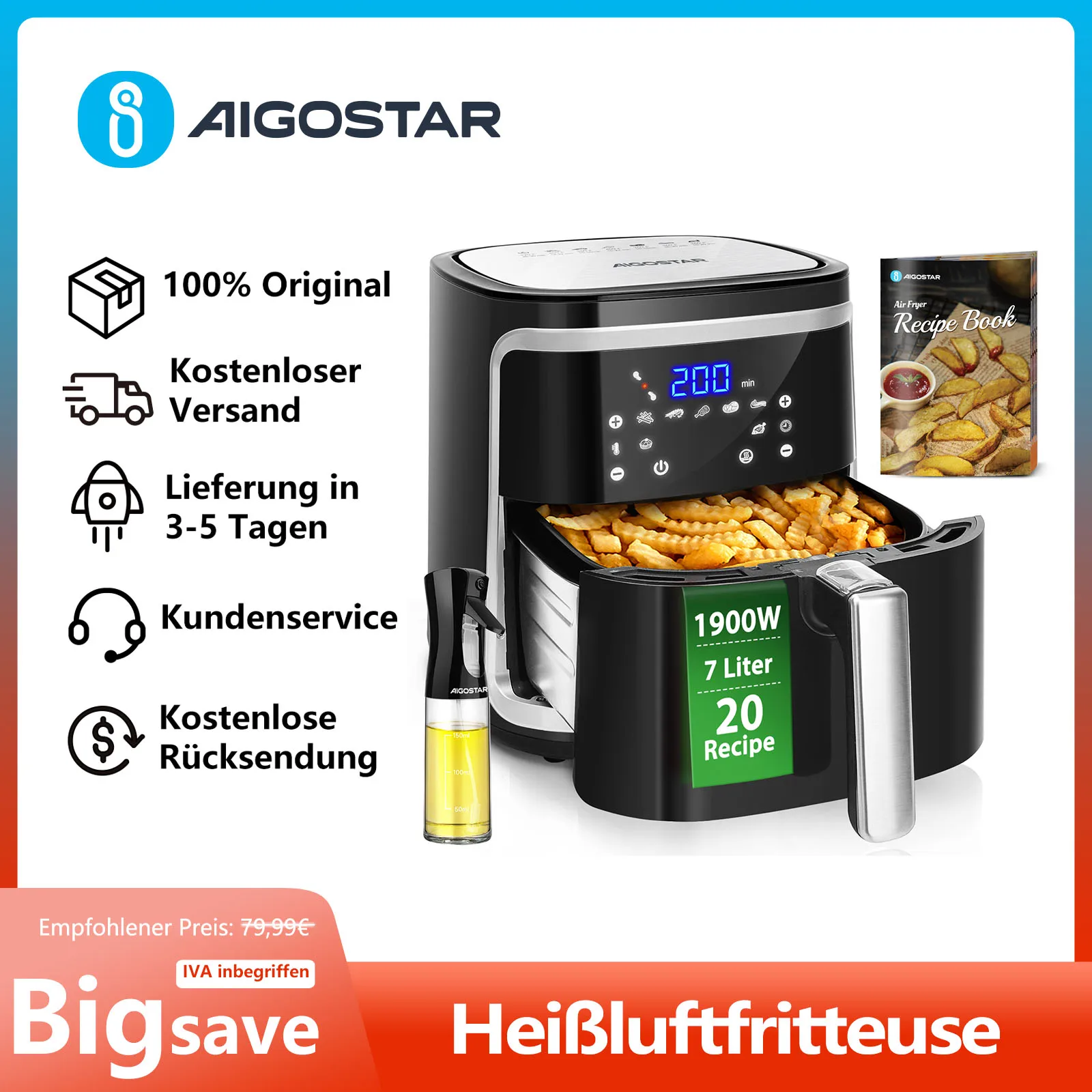 AIGOSTAR 7L 1900W Intelligente ölfreie Heißluftfritteuse WLAN-Verbindung. LED-Touchscreen, 7 voreingestellte Funktionen + warm halten und manueller Modus, BPA-frei