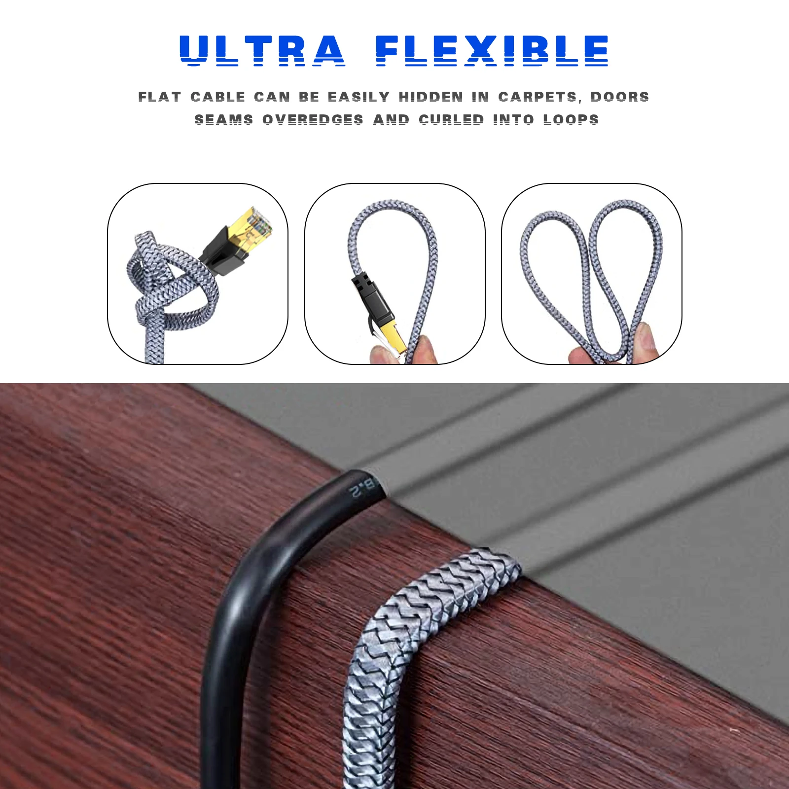 D-Sunty Ethernet Cable CAT8 40Gbps Nylon Braided Network Lan Cord for PC Modem Laptop PS 5 Router RJ45 Flat Cable Ethernet Cat 8