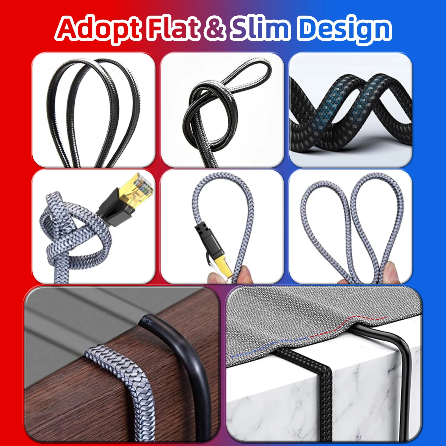 CAT8 Ethernet Cable 40Gbps 2000NHz Nylon Braided Flat RJ45 Network Lan Patch Cord for Laptops PS5 Router Internet Cable Cat 8