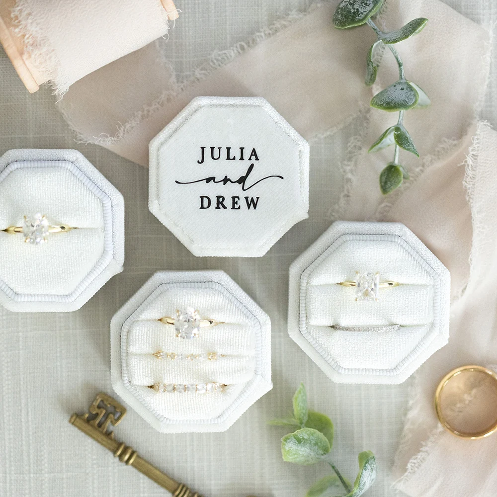 Caja de anillo de terciopelo de boda personalizada, caja de anillo octagonal de Triple ranura de compromiso, decoración de boda moderna, caja de anillo con 1/2/3 ranuras