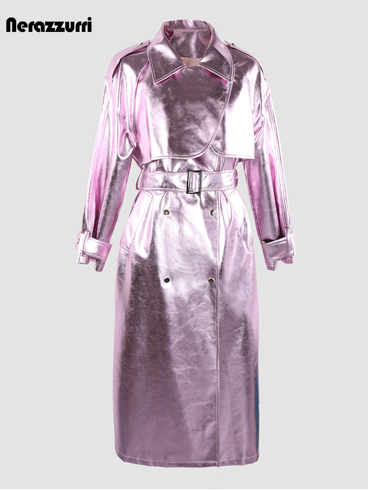 Nerazzurri ชุดโอเวอร์โค้ทสำหรับผู้หญิงหนังสังเคราะห์สิทธิบัตรสะท้อนแสงแข็งสีชมพูสดใสเสื้อฝนยาวหรูหราฤดูใบไม้ร่วงฤดูหนาว