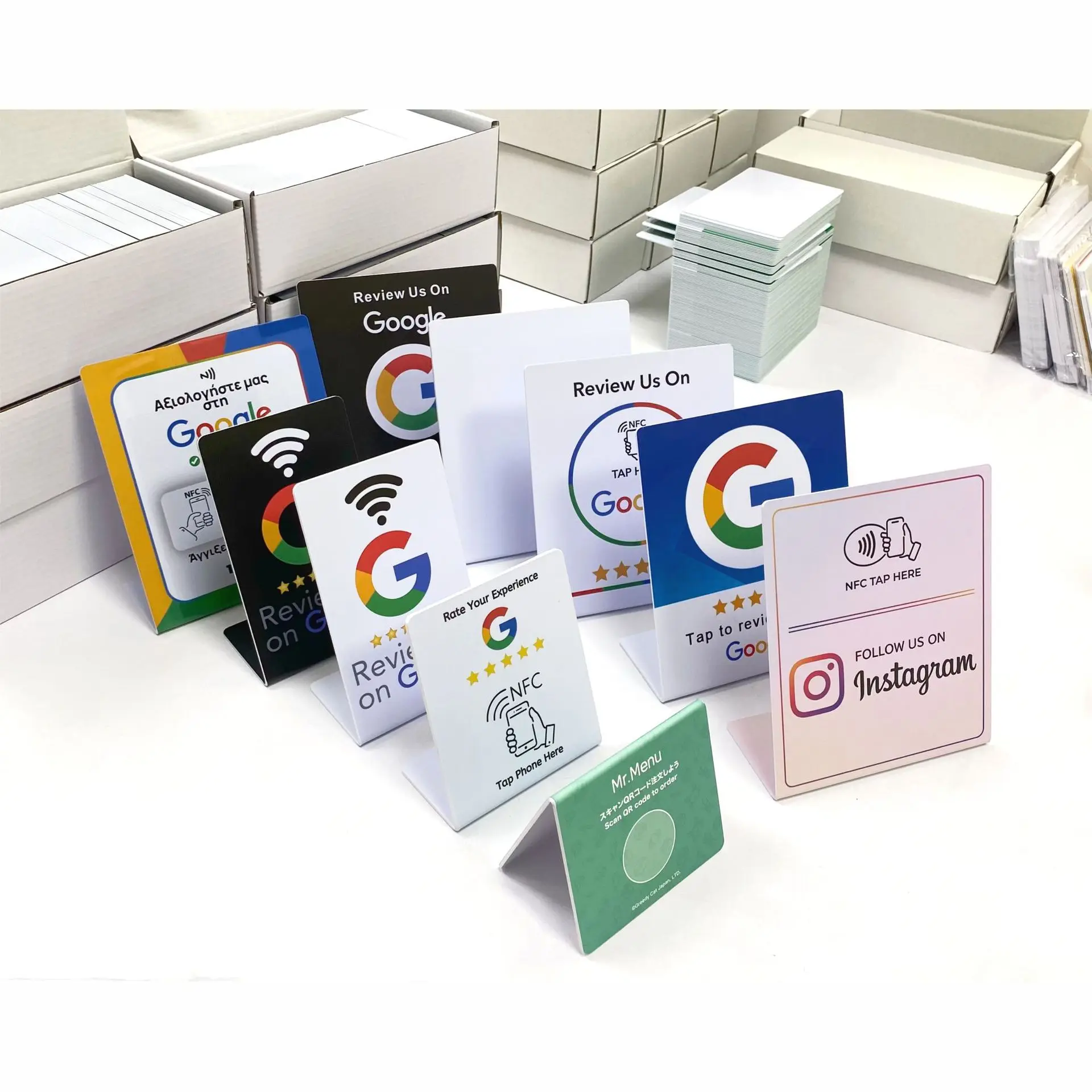 Tarjeta NFC de 5YOA, 13,56 Mhz, estación programable de revisión de Google, mesa NFC, visualización de reseñas de Google, tarjeta doblada, soporte de marca de pie