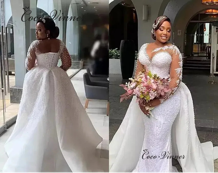 Perle personalizzate che bordano l'abito da sposa 2 IN 1 treno staccabile con lacci Abiti da sposa a sirena di lusso taglie forti W1040