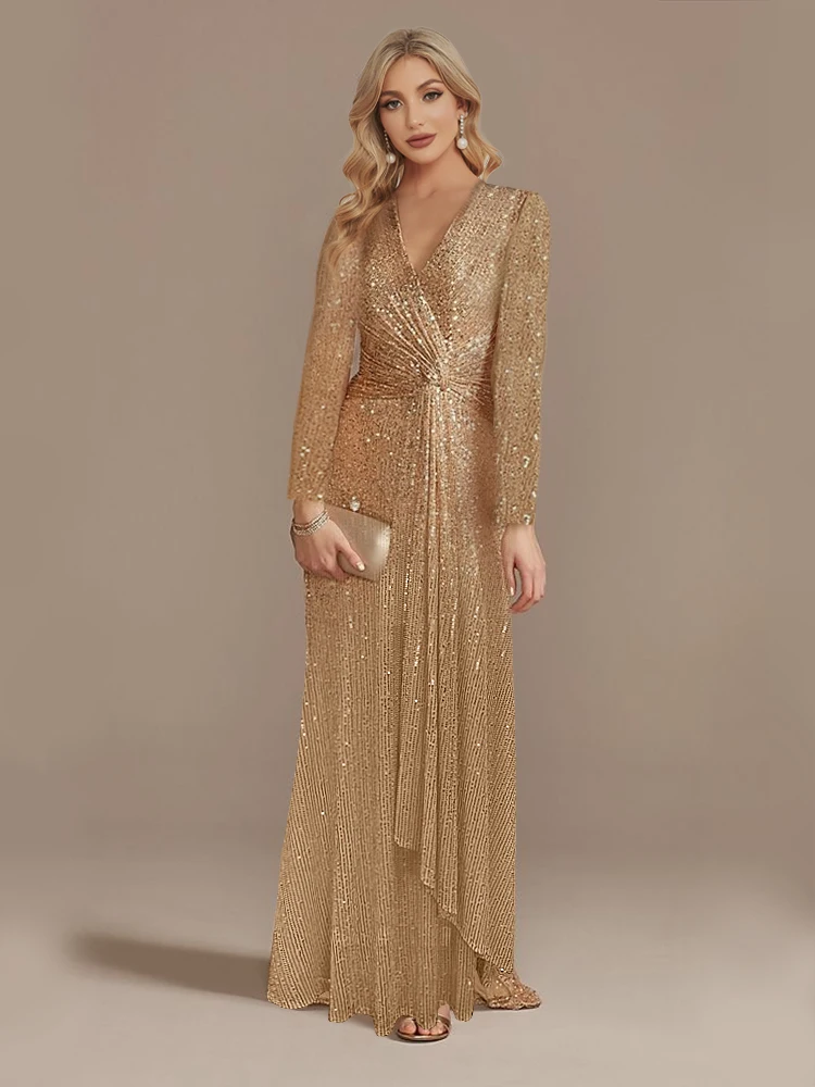 Vestido feminino manga comprida com decote em v, vestido vermelho de baile, coquetel, lantejoulas, luxo, festa de casamento, convidados femininos, 2023