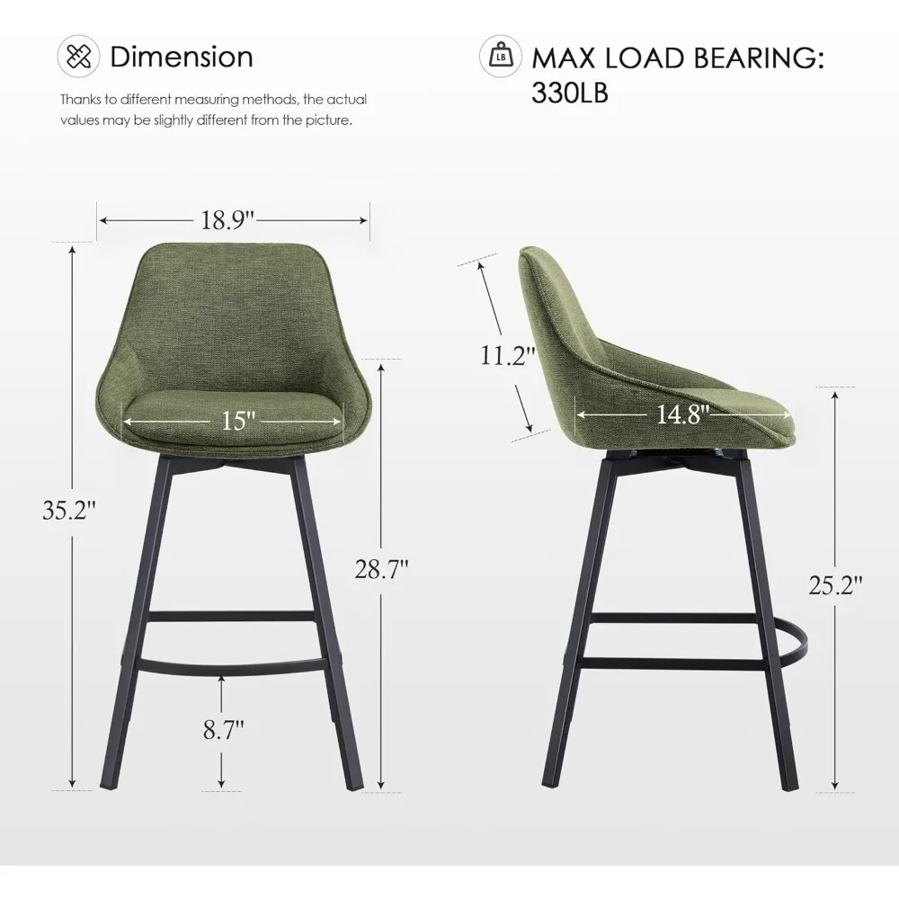 Swivel Bar Stools Set of 2 Modern Counter Height Barstools with Backs Linen Fabric High Chairs for Island Kitchen