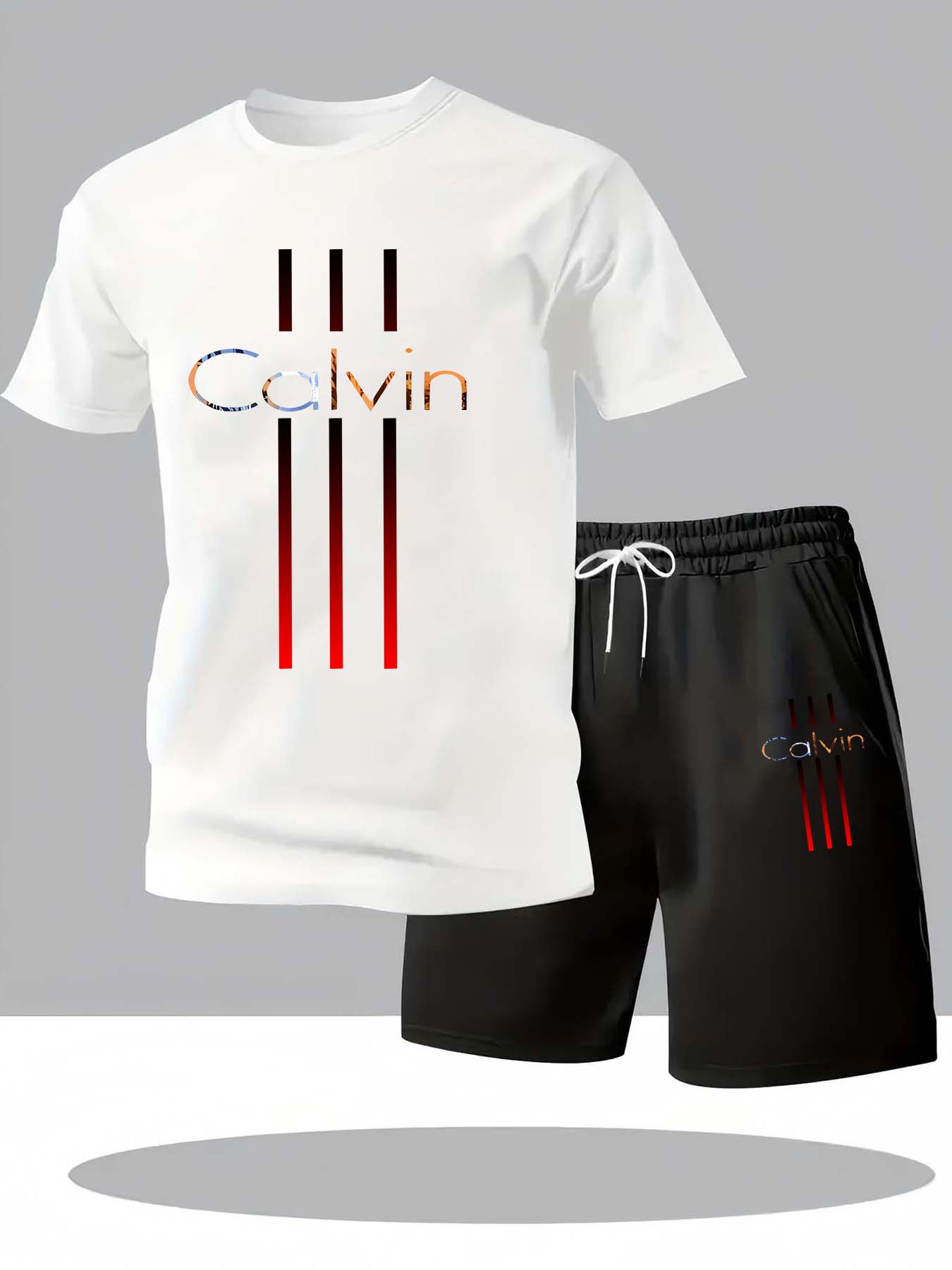 Heren T-shirt en shorts set zomer casual los en modieus Calvin letterprint comfortabel T-shirt met ronde hals en korte mouwen