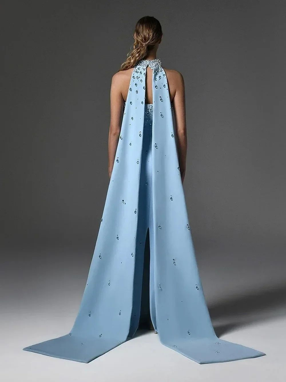 Cathy Blue Halter Strapless Strapless Strapless Strass Prom Jurk Zeemeermin Floor-lengte vestidos de noiva Aangepaste Elegant Mouwloos Formeel