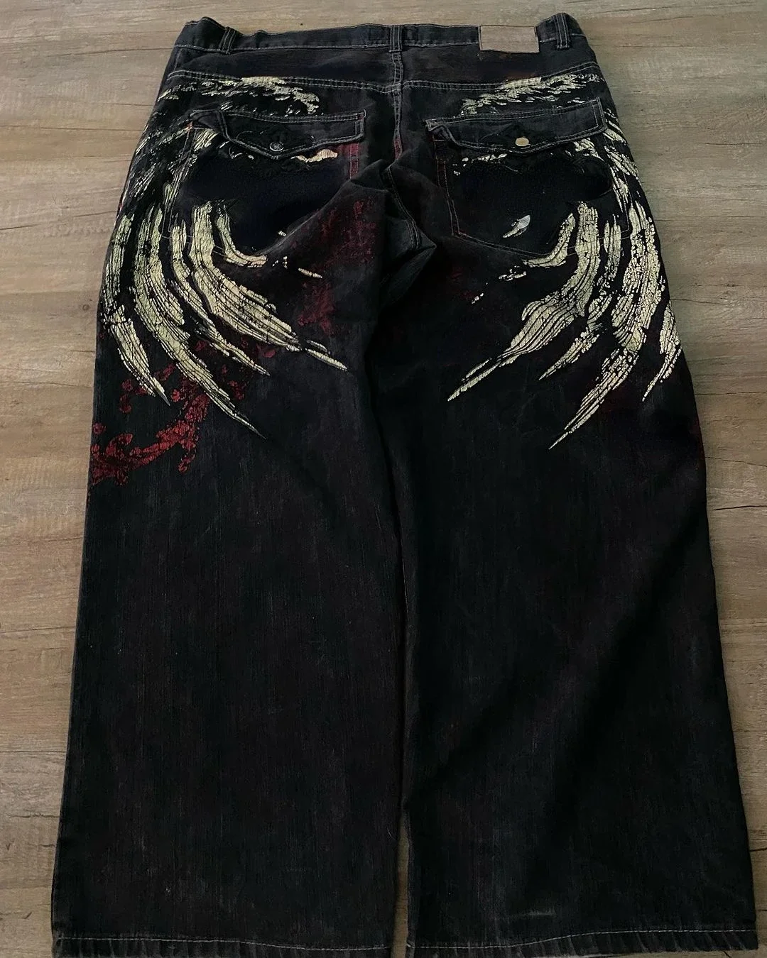 ストリート Y2K ジーンズ原宿ヒップホップレトロウィングパターン刺繍プリントだぶだぶのジーンズパンツゴシックハイウエストワイドズボン