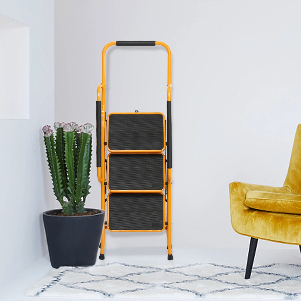 3 Step Ladder with Handrails, 330lbs Folding Step Stool, w/Non-Slip Side Armrests Large Pedal Area, Suitable for Home Office