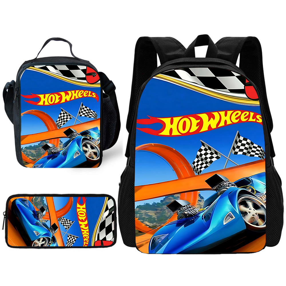 3-teiliges Set Hot Wheelss CarKind-Schulrucksack mit Lunchtaschen, Bleistiftbeuteln, Schultaschen für Jungen und Mädchen, bestes Geschenk