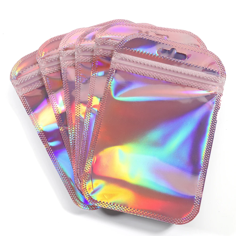 50 Stück schillernde selbstdichtende Beutel, rosa Laser-Kunststoffbeutel, wiederverschließbare Zip-Lock-Verpackung für Schmuck-Display, Einzelhandelsbeutel