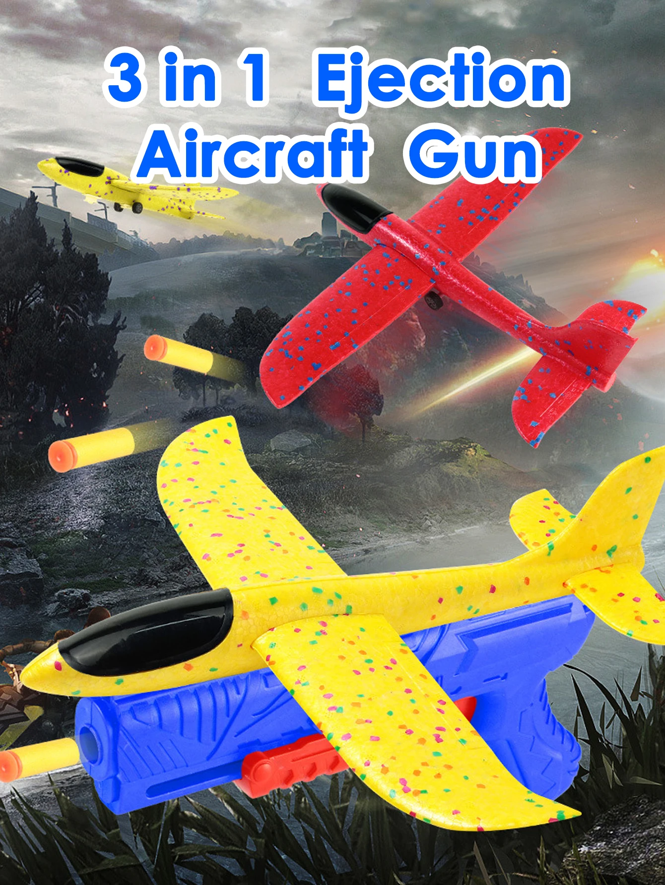 Pistola de juguete elástica de espuma suave para niños, traje de avión de eyección lanzado a mano, Avión de espuma, color aleatorio, al aire libre, 3 en 1