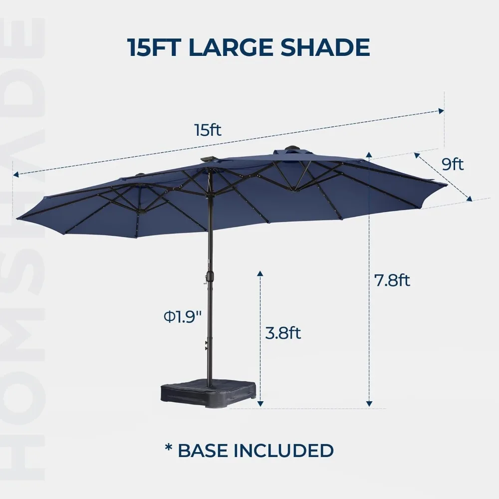 Double Sided Patio Umbrellas - 15ft Solar Lights LED Lighted Outdoor Extra Large Market Table Umbrella with Base Included, Overs
