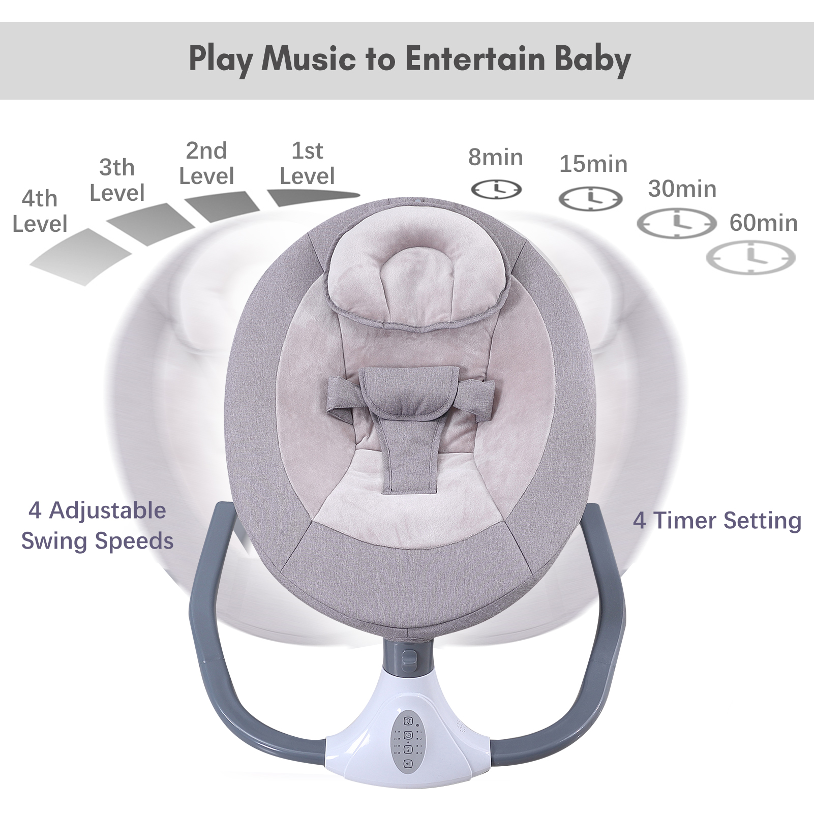 Putybudy S-Y608 Motorized Baby Swing for Infants Baby Rocker 4 Speeds & 4 Timer & 12 Preset Lullabies Supports BT Connection USB