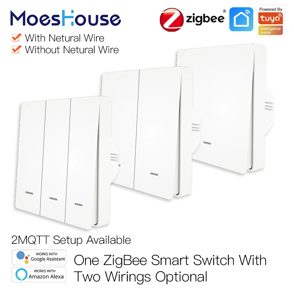 MoesHouse-Tuya ZigBee Interruptor de Luz Inteligente, Sem Fio Neutro, Sem Capacitor Necessário, Vida Inteligente, 2, 3 Way, Funciona com Alexa, Google Home