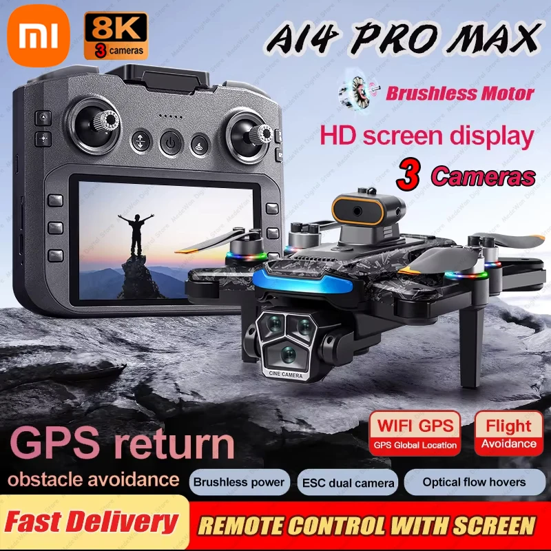 Xiaomi drone a14pro max gps sem escova 8k três câmeras fluxo óptico evitar obstáculos dobrável quadcopter rc distância drone brinquedos