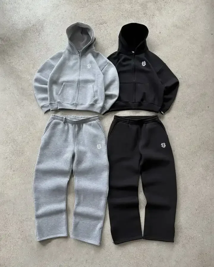 Gestickte Jogginghose, zweiteiliges Set, Y2K-Kleidung, Herren-Hip-Hop, übergroße Jogginghose, lässiger Reißverschluss-Hoodie