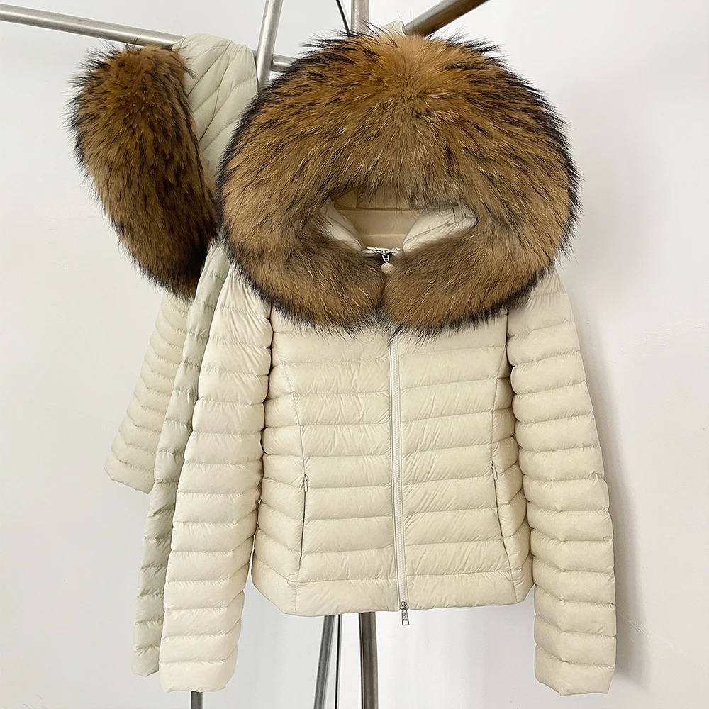 Oftbuy jaqueta fofa feminina jaqueta de pele real com capuz fino gola de pele de raposa real2025 novo inverno curto feminino pato branco para baixo casaco