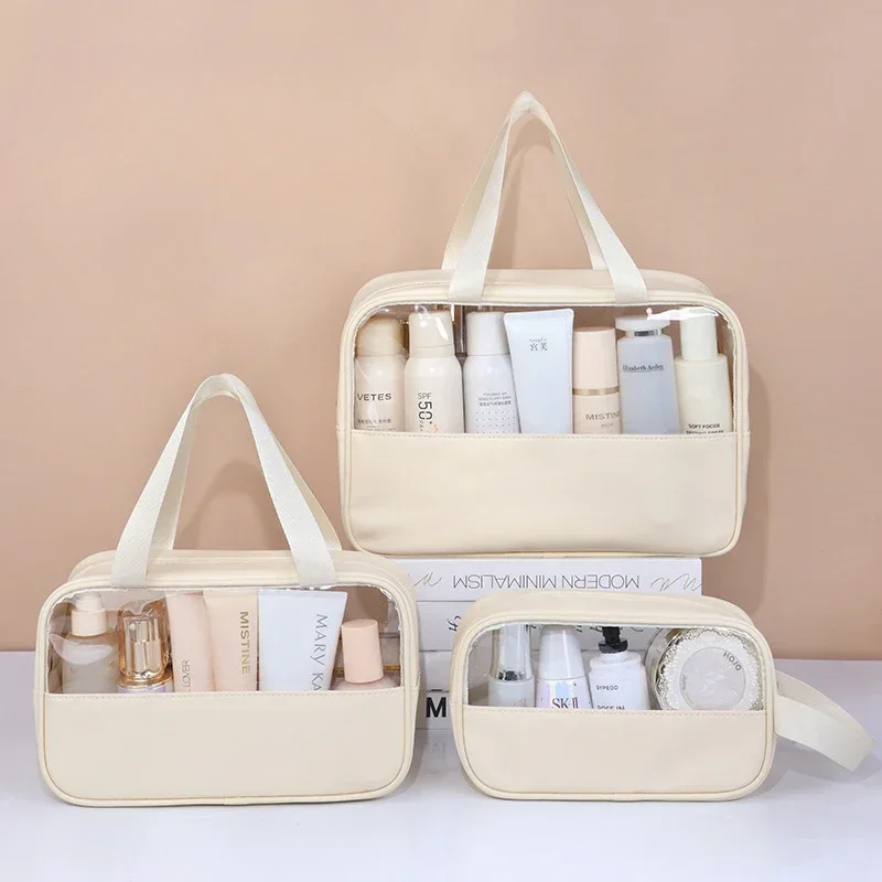 Bolsa de cosméticos impermeable, bolsa de almacenamiento de cosméticos portátil, bolsa de lavado transparente de Pu de gran capacidad, bolsa de almacenamiento de viaje