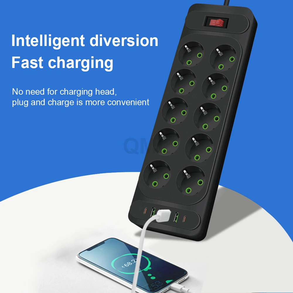 2500W EU AC Plug Power Strip Safety Switch 2m extension cord European Standard Plug Socket Network Filter With USB C Charging