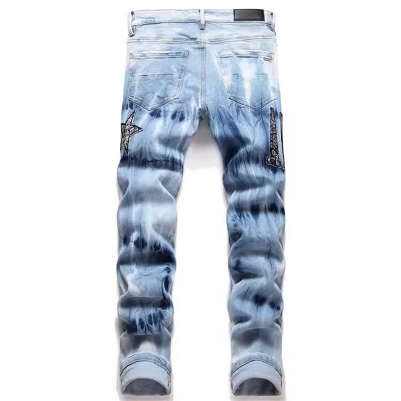 Pantalones vaqueros rotos con bordado de estrellas Y2K para hombre, ropa de calle elástica de algodón, teñido, azul claro, marca de moda