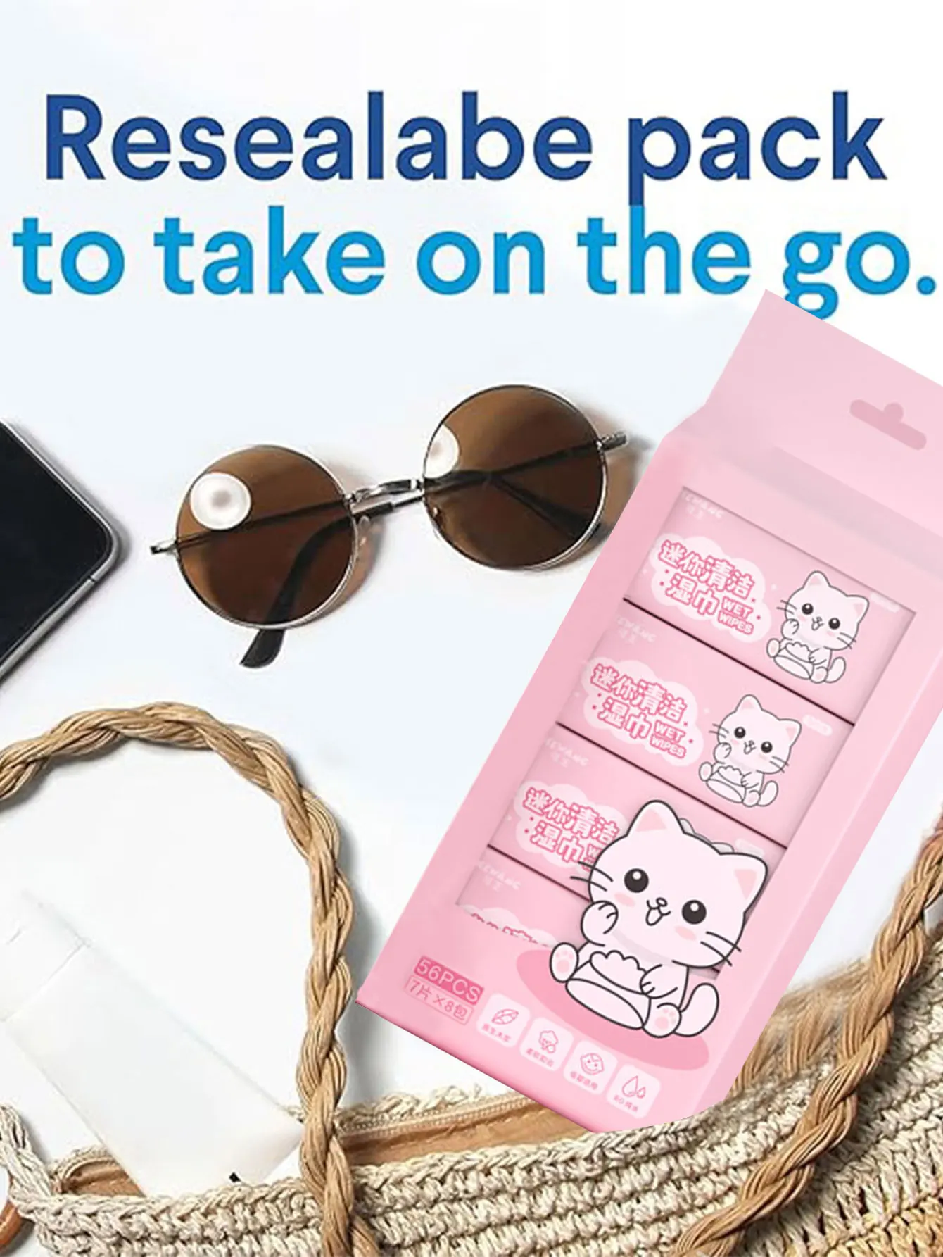 56 pezzi di mini salviette per gattino rosa, 1 confezione x 8 sacchetti piccoli - elementi essenziali per il viaggio, morbidi e spessi, confezionati singolarmente, detergenti