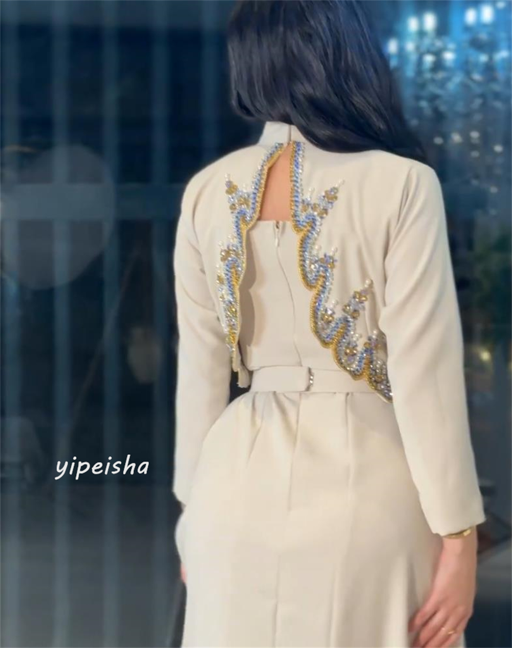 Customized Jersey Sequined Beading Ruched Formal Evening A-line High Collar Bespoke Occasion Gown Midi Dresses