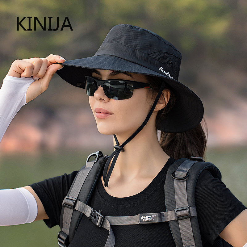 Sombrero de pescador con cola de caballo para mujer, gorra impermeable para el sol, Color puro, para viajes al aire libre, pesca, escalada, senderismo, sombrero de cubo de ala grande undefin