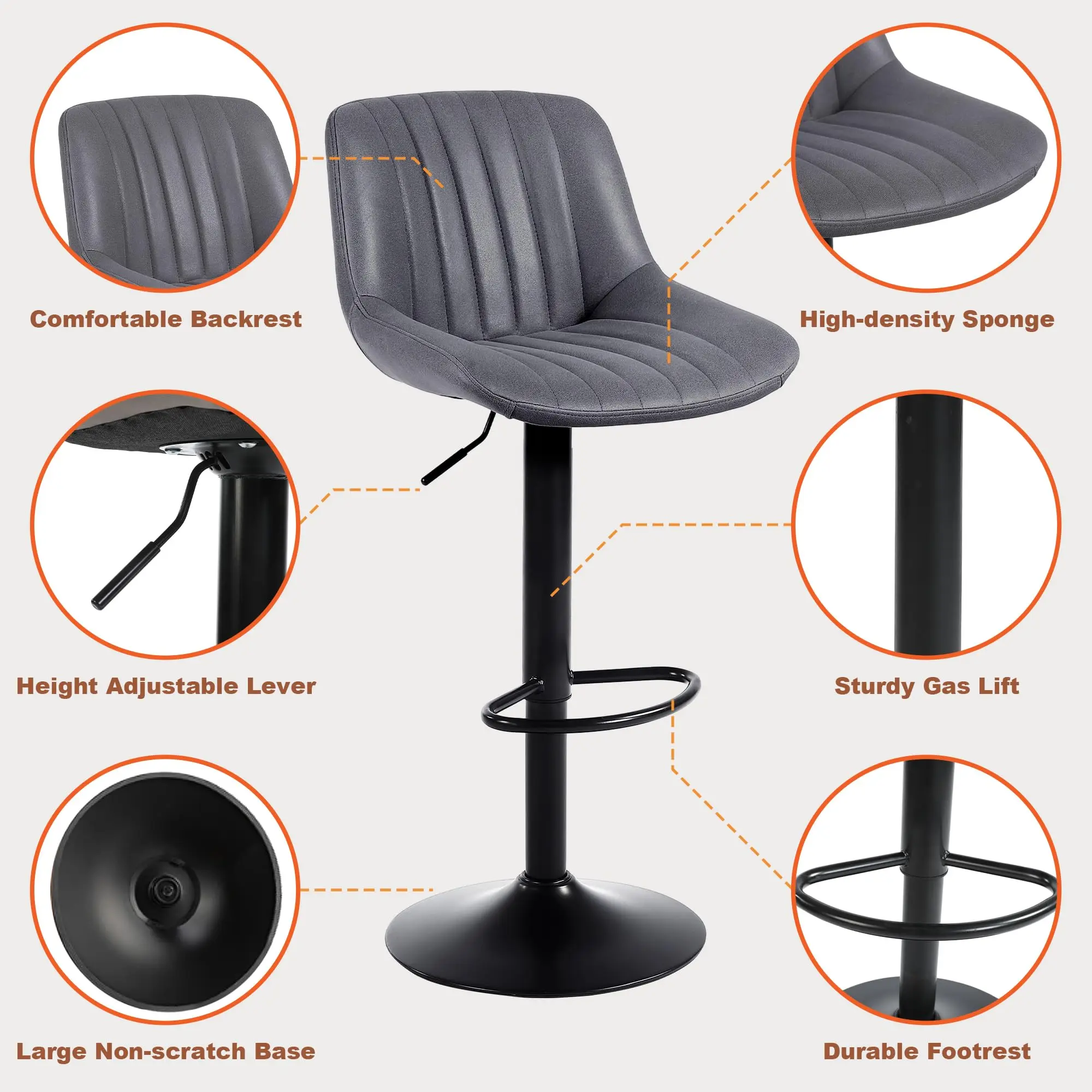 Conjunto de 4 bancos de bar Ralex-chair, bancos de bar giratórios com altura de balcão e encosto, cadeiras de bar ajustáveis em couro PU, cinza escuro