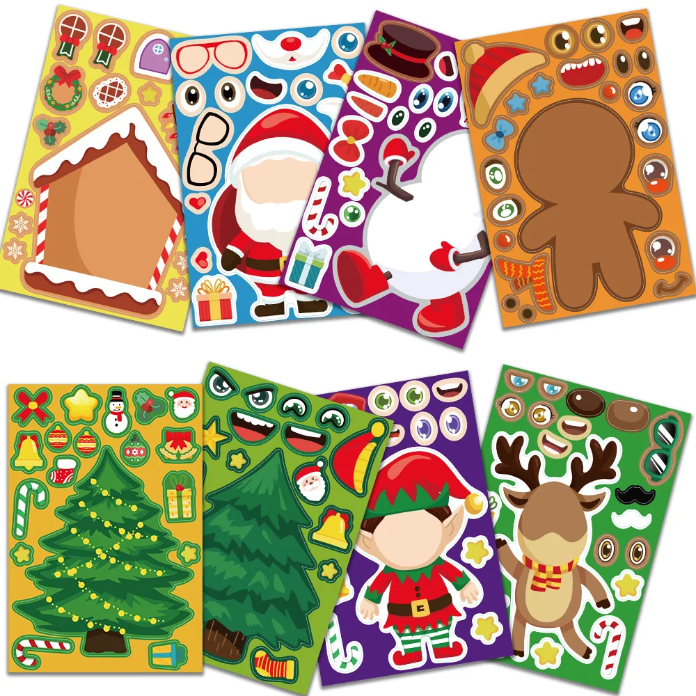 子供のためのクリスマスステッカー,ジグソーパズル,フェイスメイク,サンタクロースの作成,パーティーの装飾,おもちゃ,8枚