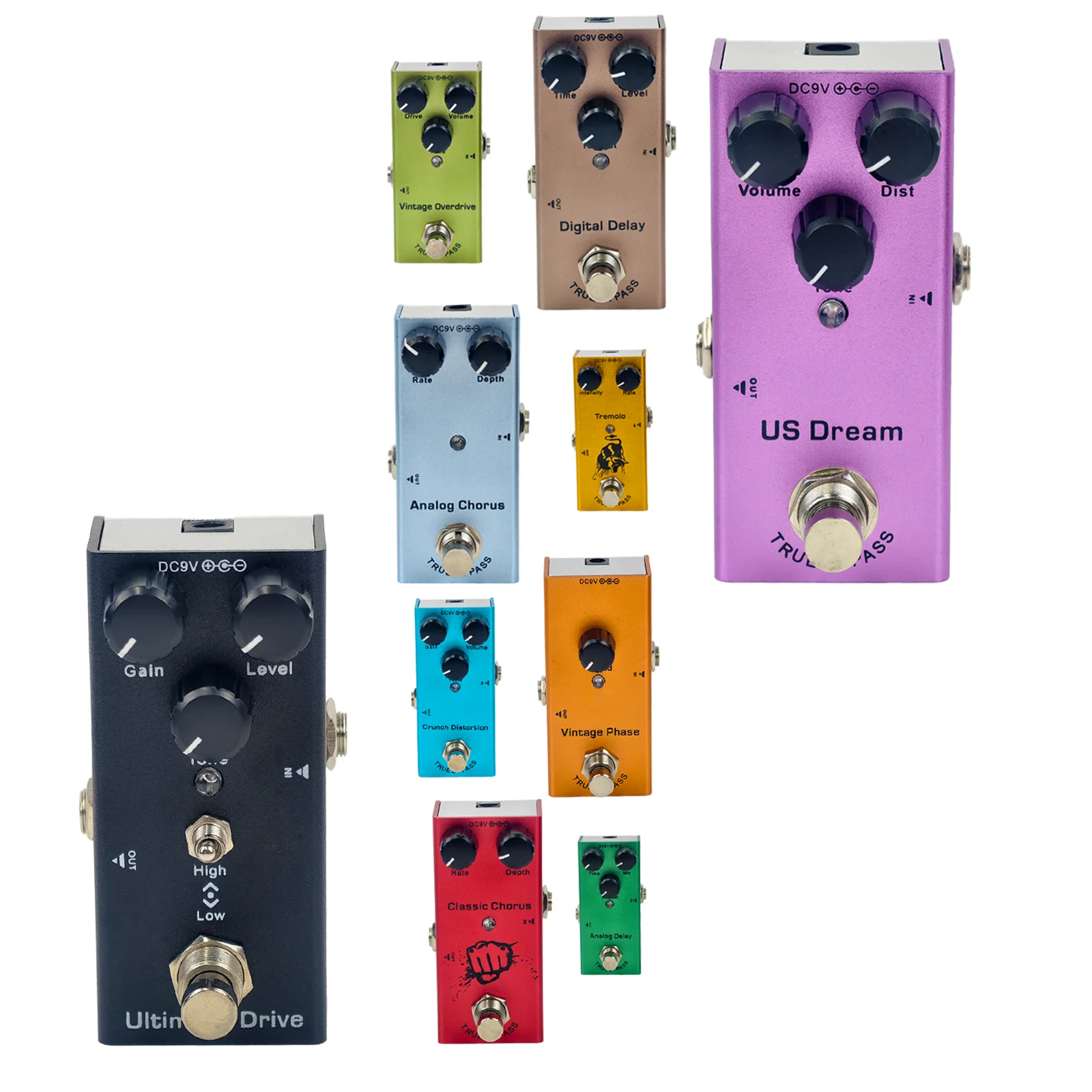 Pedal de guitarra eléctrica: Overdrive/Distorsión/Chorus/Delay/Tremolo/Delay analógico, True Bypass