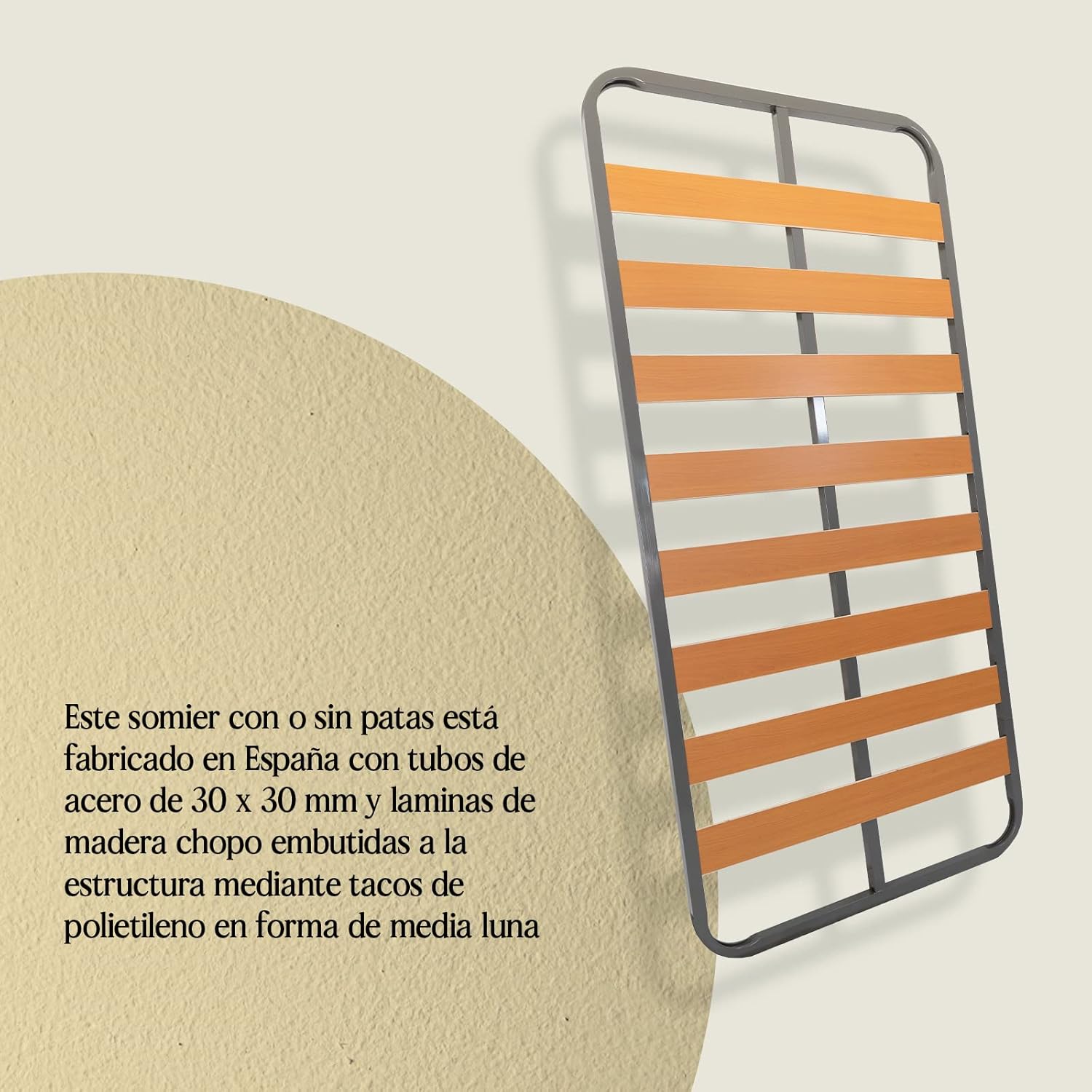 Somier Eco para Cama 90 x 190 cm |   Somier Sin Patas |   Láminas Madera Chopo 9 cm y Estructura Tubos Acero |   Útil para