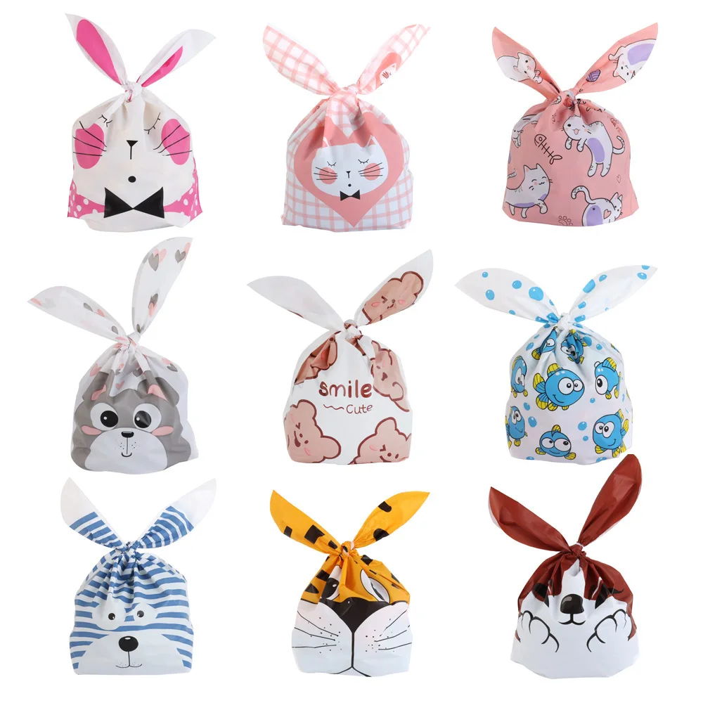 10/25/50 Uds bolsas de plástico para dulces galletas lindo cartón bolsas con orejas de conejo galletas Snack suministros de embalaje para hornear regalos para niños al por mayor