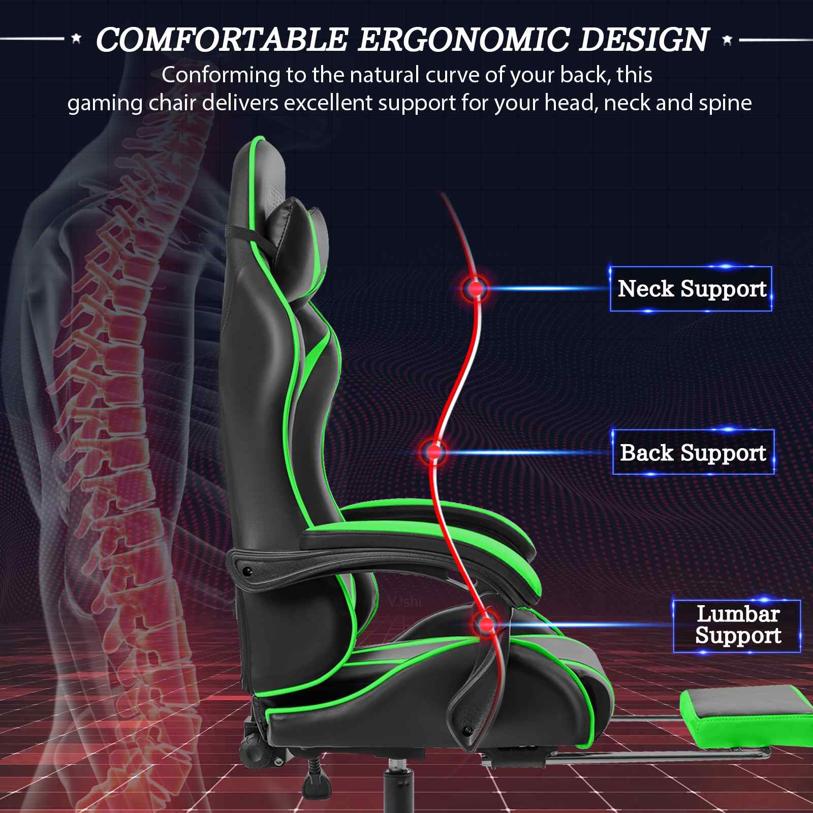 Chaise de Bureau Ergonomique à Dossier Haut et Réglable pour Jeu de Course, Siège de Énergie Lombaire, de Tâche à Comcussion