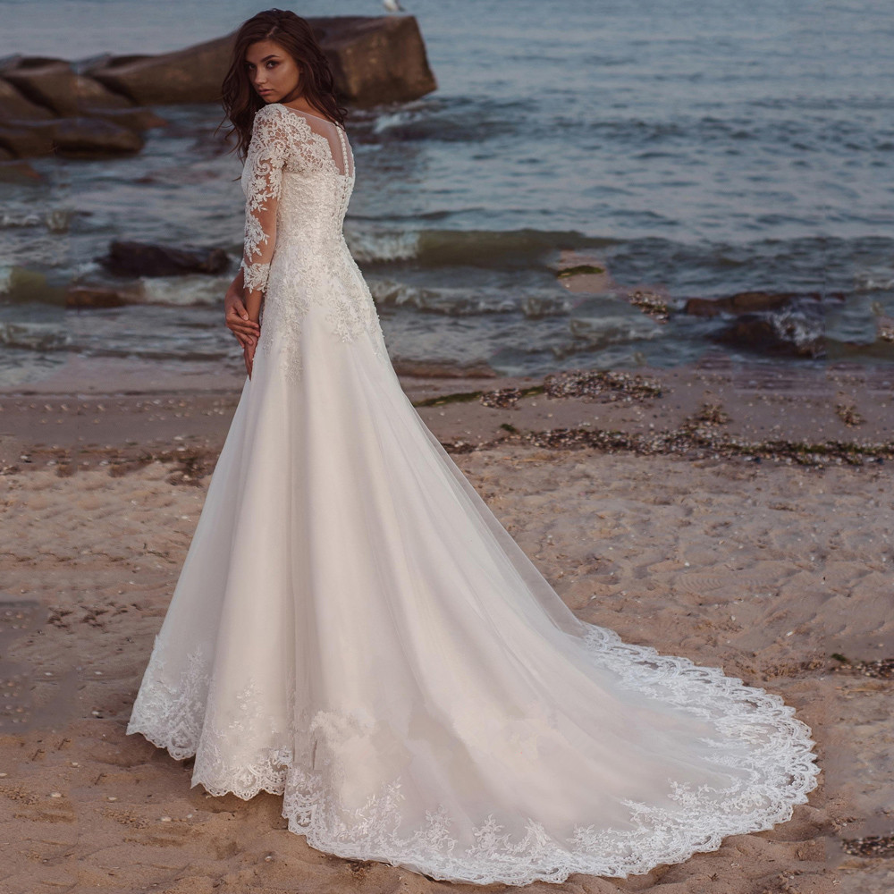 Abito da sposa lungo elegante maniche lunghe scollo a V applicazioni in pizzo una linea tulle Sweep Train da sposa per le donne Robe De Mariee Summer