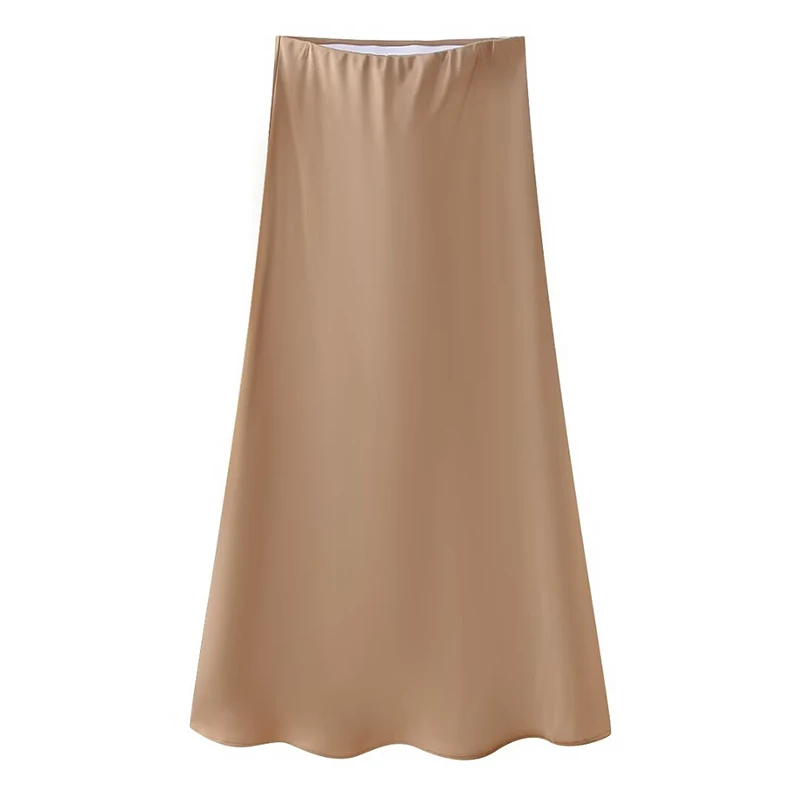 RAFZNB ซาตินกระโปรงเอวสูงผู้หญิงแฟชั่นสบายๆเอวยางยืด Midi กระโปรงหญิง Chic กระโปรง