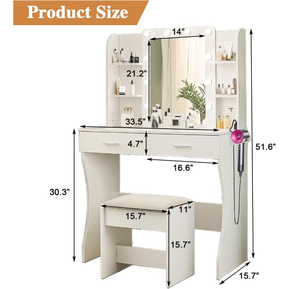 Vanity Desk with Mirror and Lights, Power Outlet & Hair Dryer Rack, 2 Drawers and 6 Storage Shelves, Cushioned Stool, Vanities