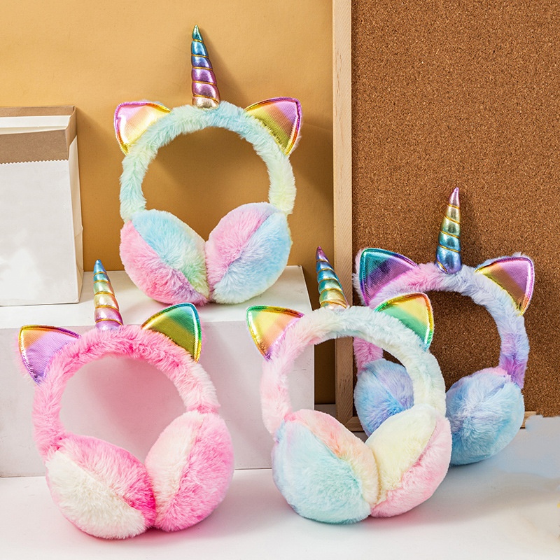 Kinder Mädchen Winter Warme Bunte Einhorn Thermische Ohrenschützer Tie-dye Pelz Ohren Abdeckung Ski Schnee Weiche Plüsch Flauschigen Katze ohren Earflap