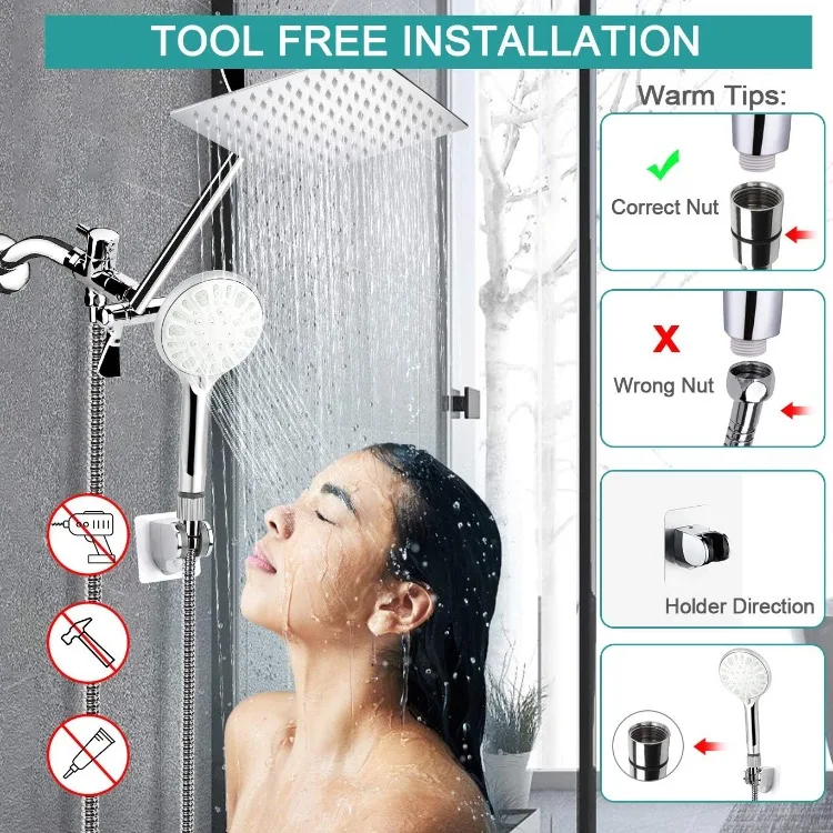 Shower Head, 8 Inch High Pressure Rainfall Shower Head/Handheld Shower Combo with 11 Inch Extension Arm, 9 Settings Adjustable A