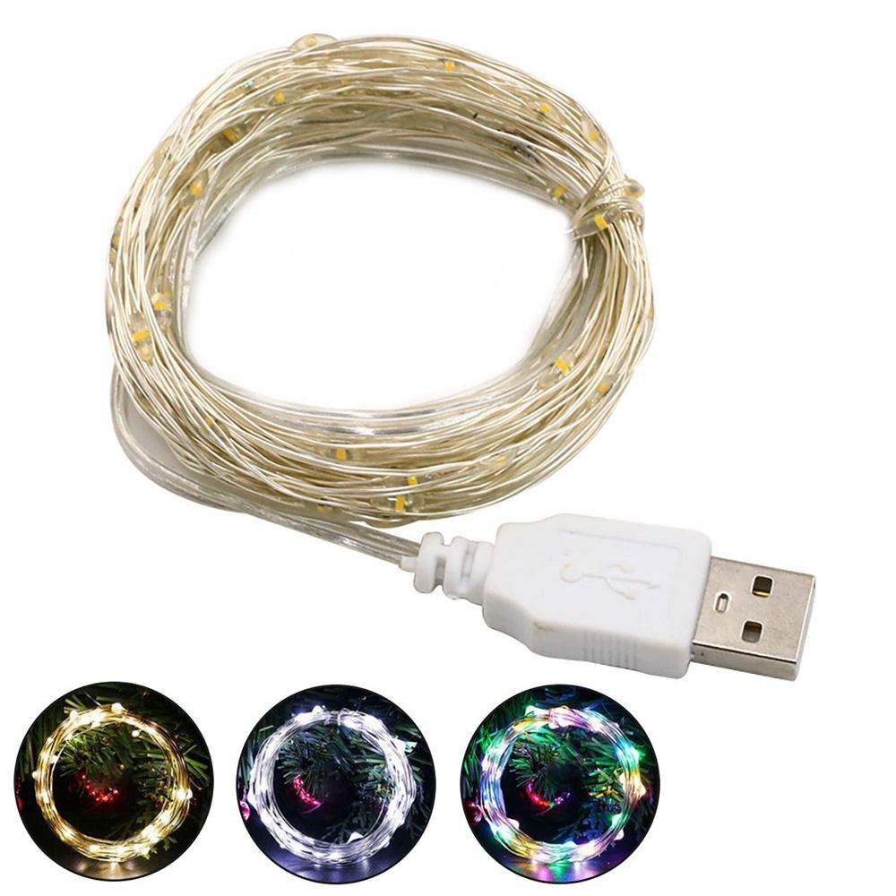 Guirnalda de luces LED USB, alambre de cobre y plata, luz de hadas colorida blanca, 1/2/3/5/10M, 5V, guirnalda de luces