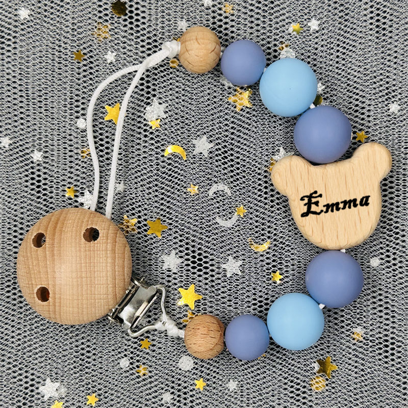 Clip de chaîne de sucette en bois pour bébé, nom personnalisé, perle en Silicone, porte-mamelon factice avec nom, pendentif de dentition, cadeau pour nouveau-né