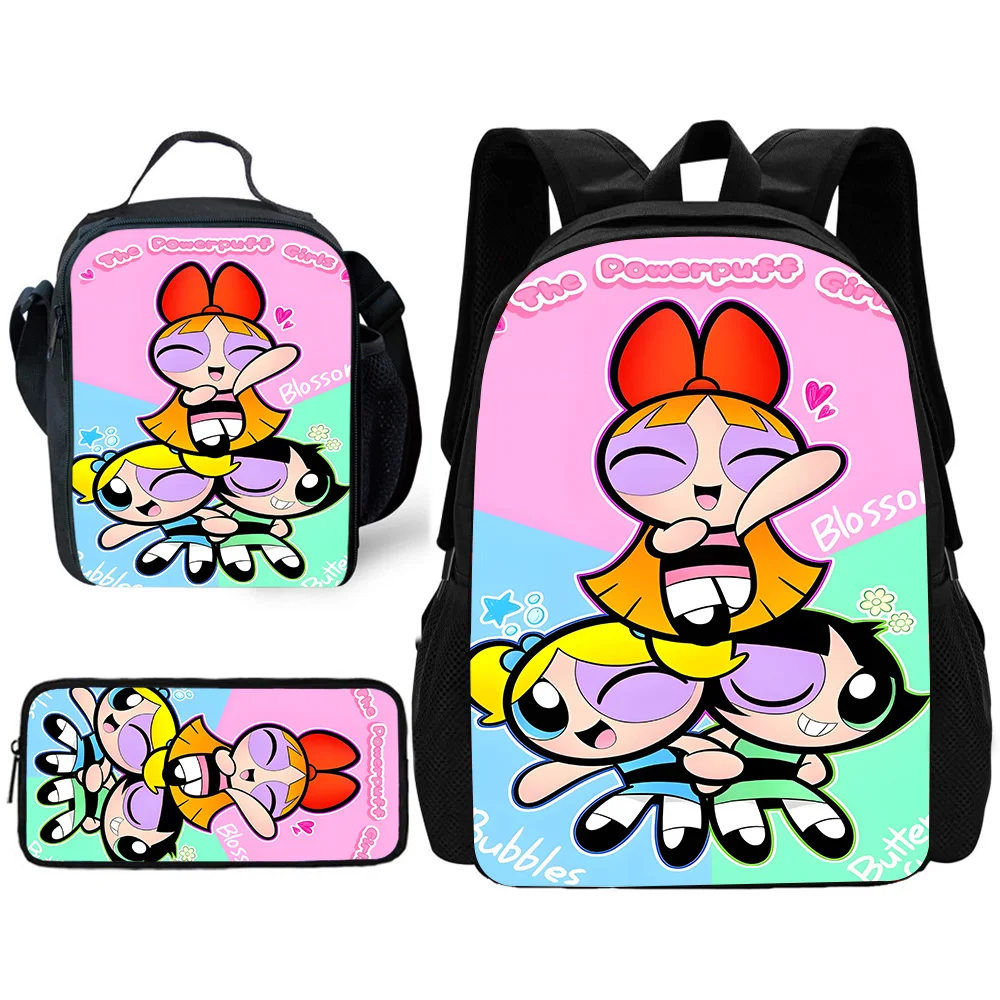 男の子と女の子のためのアニメpowerpuffsスクールバックパック、ランチバッグ、ペンシルバッグ、かわいい、子供のための最高のギフト