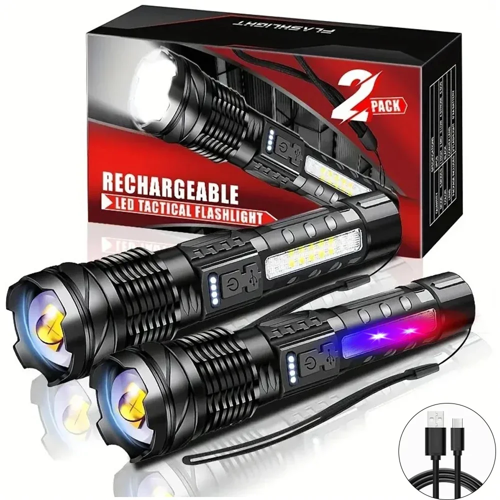 Leistungsstarke XHP50 LED-Taschenlampe, wasserdicht, 18650-Taschenlampe mit Seitenlicht, 7 Modi, Camping-Angellaterne, wiederaufladbare USB-Zoomlampe