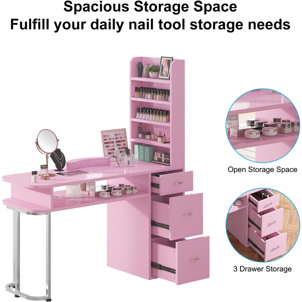 Manicure Table, Professional Nail Table for Nail Tech with Side Cabinet and Large Drawers, Nail Workstation with Dust Collector