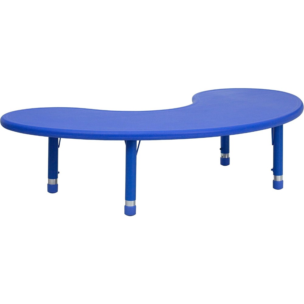 Half-Moon Blue Plastic Height-Adjustable Activity Table, 35 Wide x 65 Long