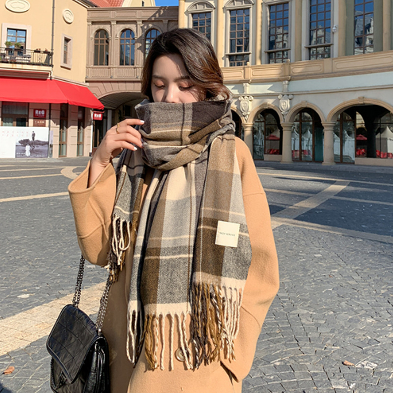 Lenço xadrez de luxo inverno quente cashmere feminino longo bandana pashmina foulard feminino cachecóis borla xale e envoltórios 2022 design