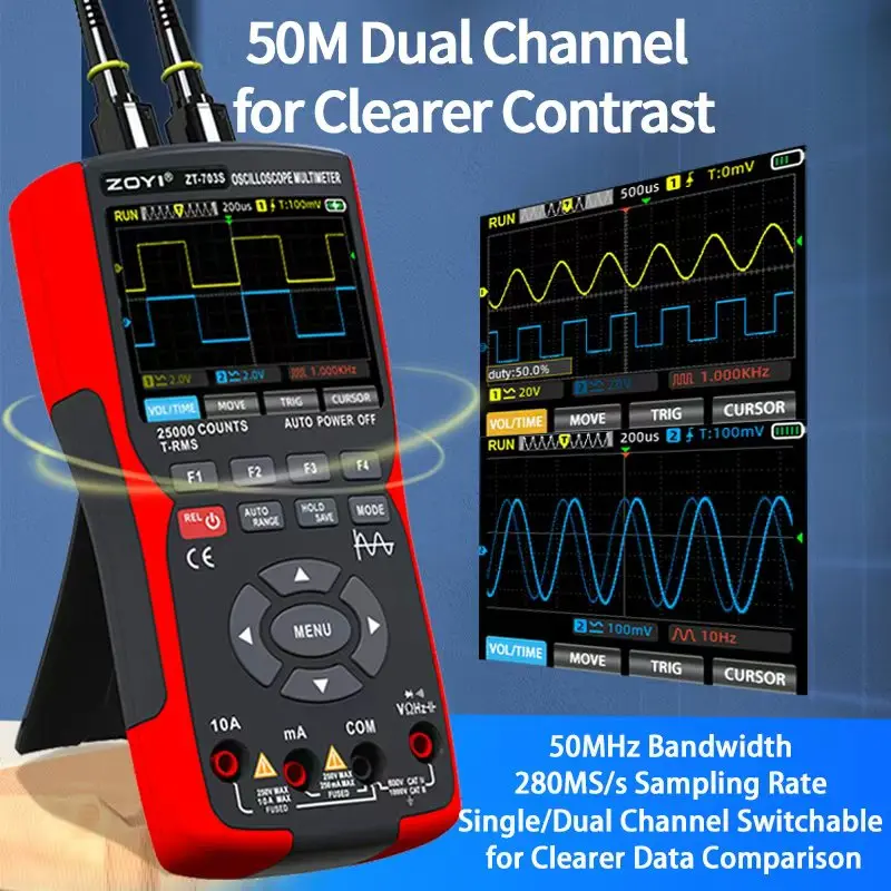 ZOYI ZT- 3-in-1 Oscilloscope Multimeter with 3.5 Inch IPS Display,25000 Counts, Dual Channel 50MHZ Bandwidth,280MSa/s High
