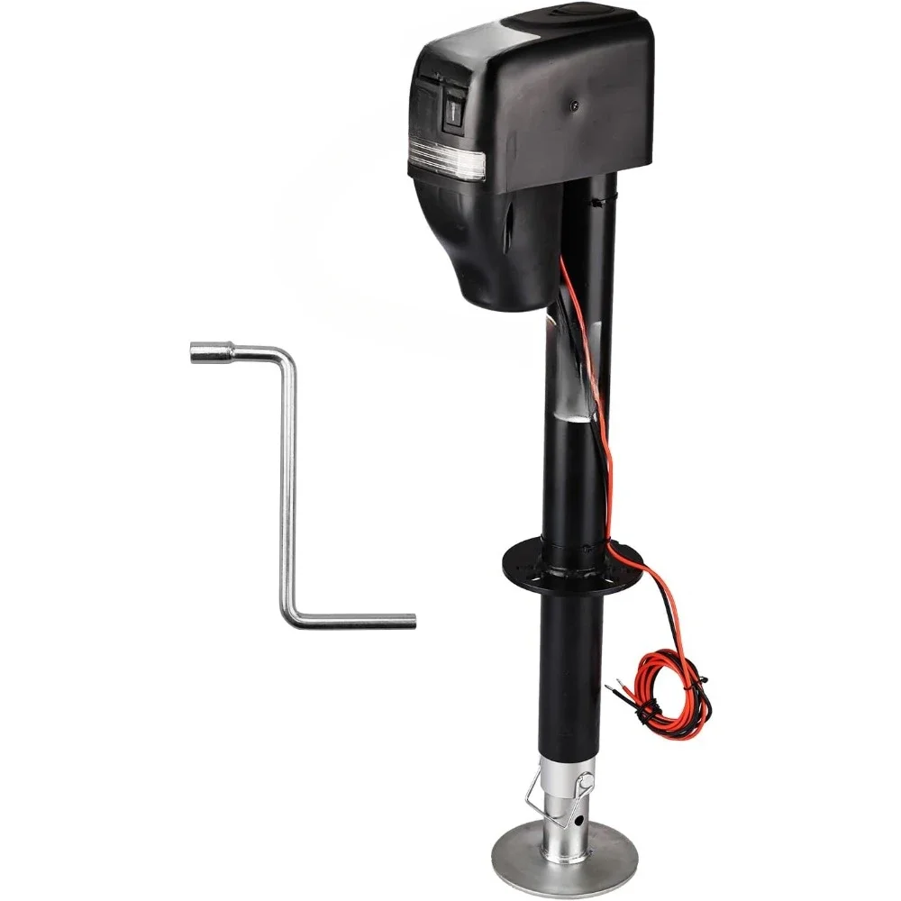 Duty RV Electric Power Tongue Jack with Accessories Manual Crank Handle, 18" Lift, 12V DC and Bright LED Light, Black