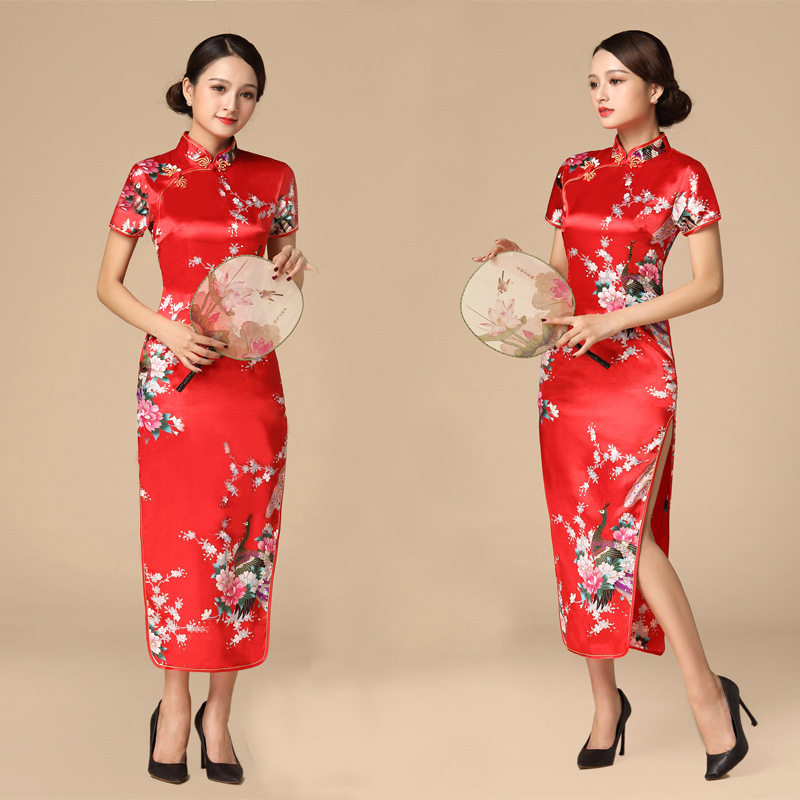 Seksowna sukienka w stylu chińskiej tradycji Cheongsam drukuj satynowa Qipao Lady eleganckie sukienki letnie nowe długie Qipaos Plus rozmiar 4Xl5Xl6Xl
